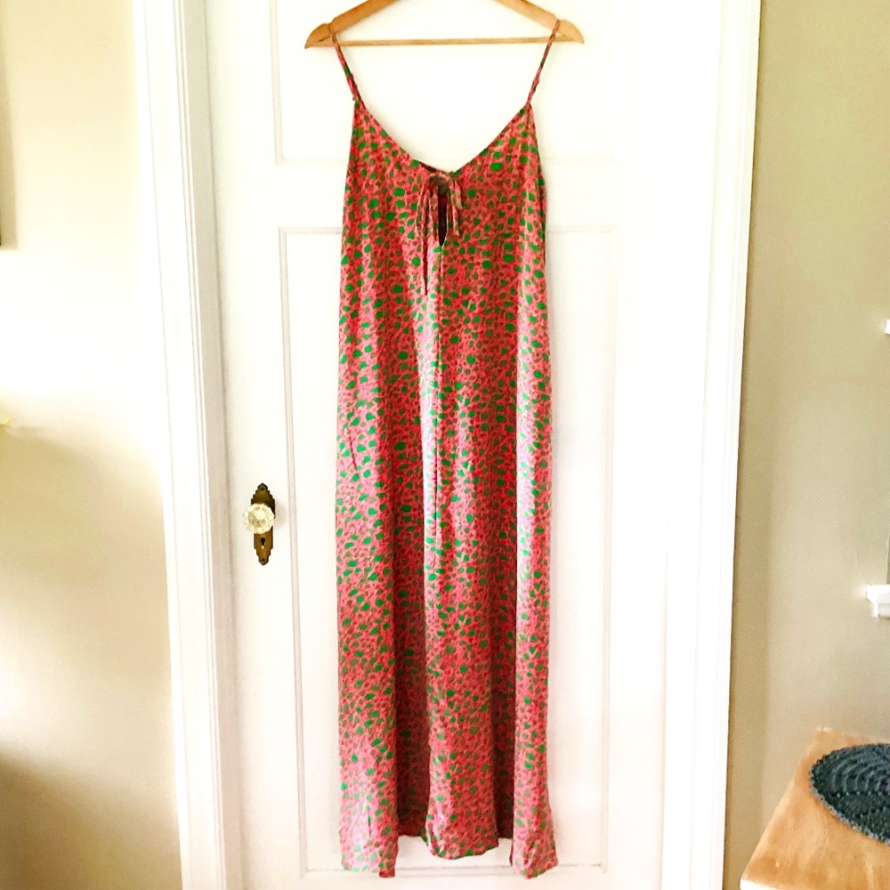 Toupy Paris 100% Silk spaghetti strap pink green maxi Dress tie back M/L luxury